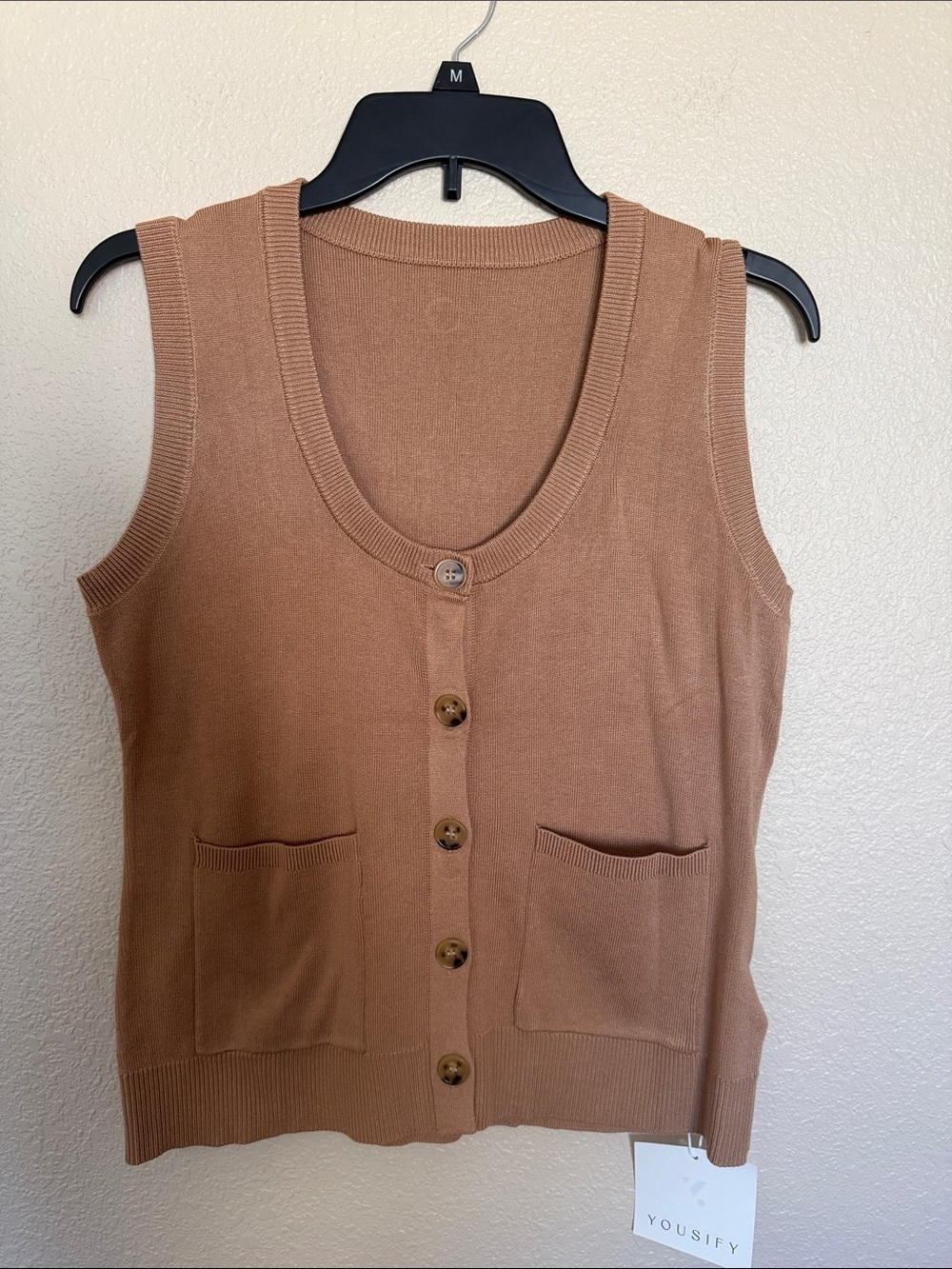 Women's V-Neck Button-Front Sweater Vest in Camel Brown